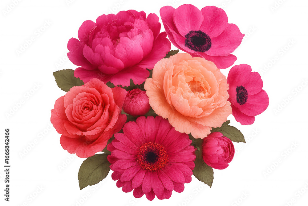 Fototapeta premium Colorful paper flower arrangement featuring roses, peonies, gerberas, and anemones, floating against transparent backdrop