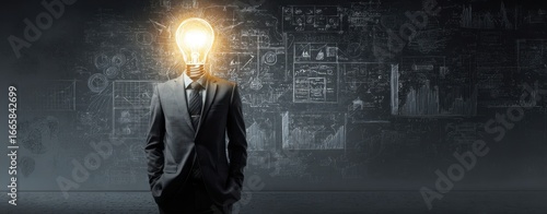 The businessman with an illuminated light bulb head representing innovation and creative thinking