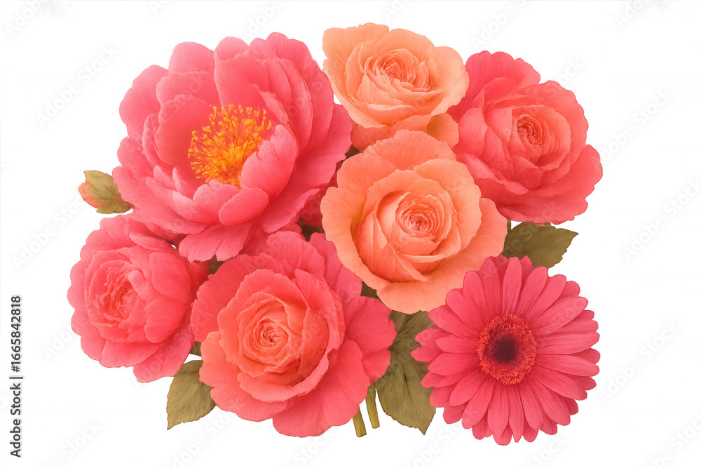 Fototapeta premium Beautiful bouquet of pink peonies, roses, and gerberas isolated on a transparent background, perfect for design projects