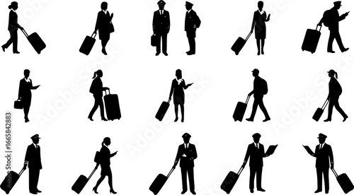 Collection of airport personnel and passengers with luggage in black silhouette icons on a white background | editable eps vectors
