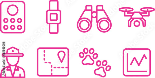 Valokuva Pink icon set with drone, binoculars, smart watch, controller, map, ranger, grap
