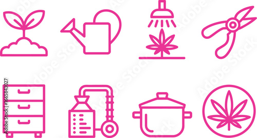 Pink Icon Set with Plant, Watering Can, Sprayer, Tools, Cabinet and Pot on White