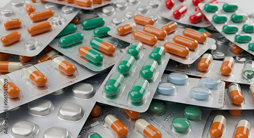A variety of blister packs filled with various colored pills and capsules. Assorted medication in different dosages and forms.