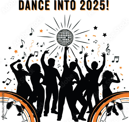 Silhouetted figures dancing joyfully under a disco ball, celebrating the arrival of the new year.