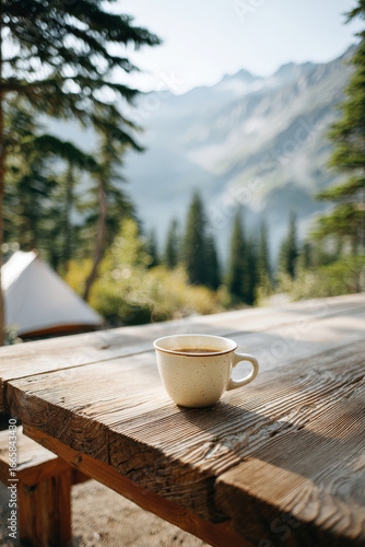 cozy camping scene featuring steaming cup of coffee resting on rustic wooden table in front of tent