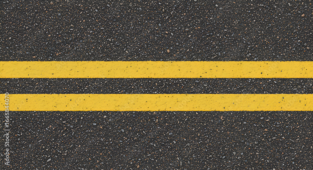 Fototapeta premium Asphalt road surface with two parallel yellow lines. Close-up view of the road marking. Highway professional with road construction site -