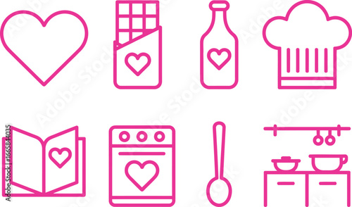 Pink Line Art Kitchen and Love Icons, Chef Hat, Heart, Cooking, Bottle on White