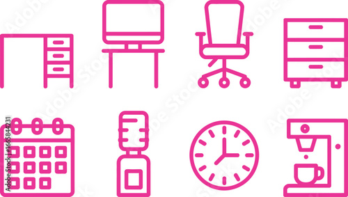 Pink Line Art Office Workspace Icons Desk, Chair, Calendar, Coffee Maker, Transparent