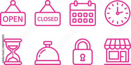 Pink Line Icon Set Open Sign, Closed Sign, Calendar, Clock, Hourglass, Padlock, Bell, Store
