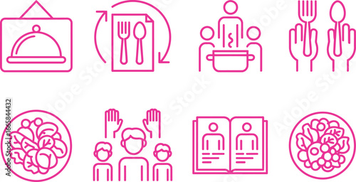 Pink Line Icon Set of Meal Prep, Cooking Group, Dishes and Nutrition Guide