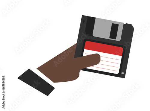 Floppy disk in hand,  Magnetic diskette. Digital data device. Flat style. White background.eps