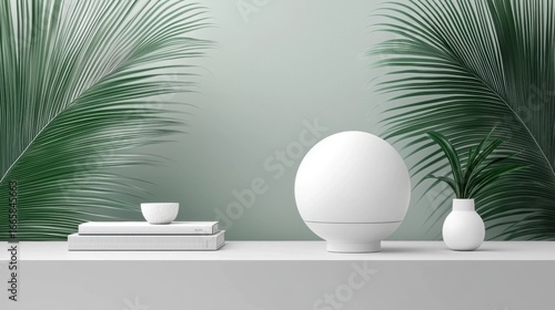 A minimalist white table with a lamp, books, and plant.