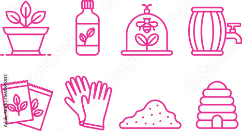 Pink Outline Gardening Tools, Potted Plant, Seeds, Fertilizer, Gloves, Beehive