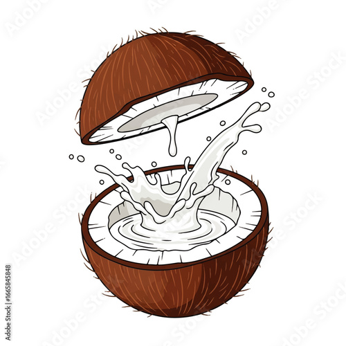 Delicious coconut milk splashing into a halved tropical coconut