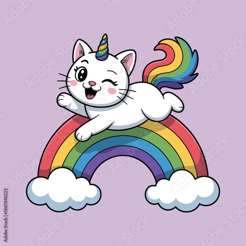 Cute unicorn cat riding a rainbow vector illustration isolated on white background