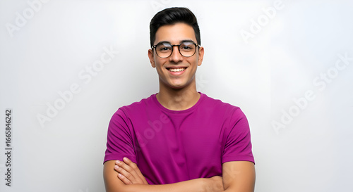 Young man in purple t-shirt with eyeglasses, standing confidently with arms crossed against a plain white background. Friendly student or professional in a casual setting.