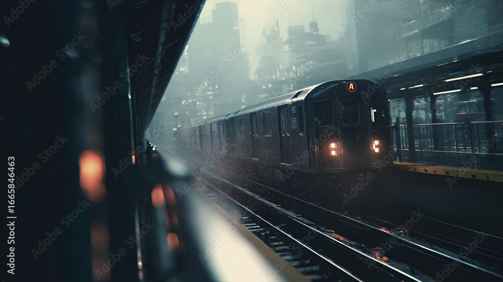 Naklejka premium Moody Atmospheric Subway Train Arriving at Rainy City Station Platform