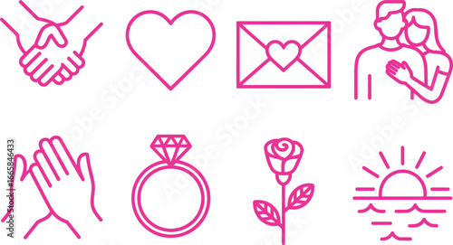Pink Outline Icons Handshake, Heart, Couple, Ring, Rose, Sunrise on White