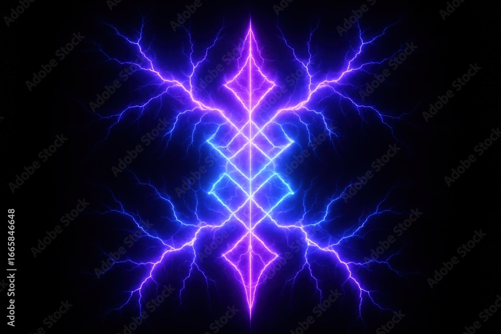 Fototapeta premium Abstract neon totem made of violet and blue lightning bolts, glowing electric energy pattern on dark background.