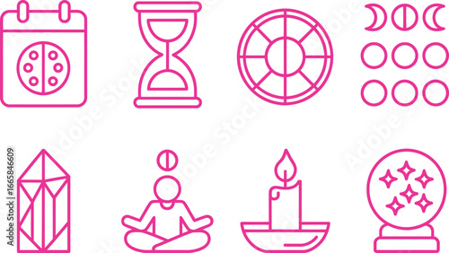 Pink Outline Icons of Calendar, Hourglass, Wheel, Moon Phases, Crystal, and more on White