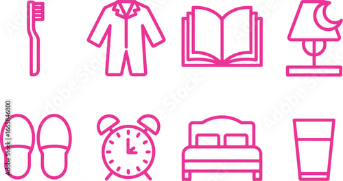 Pink Outline Icons of Nighttime Routine Elements on a Transparent Background