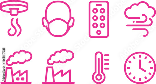 Pink Outline Icons Set Featuring Air Purifier, Mask, Pills, Wind, Factory, Clock