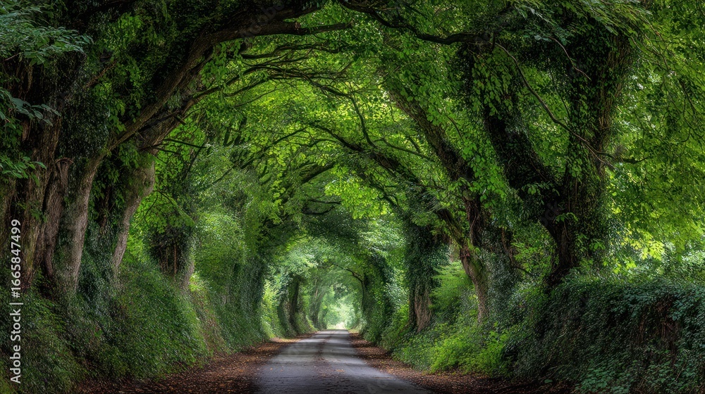 Naklejka premium English country lane with arching green tree tunnel