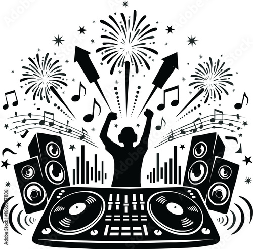 Silhouette of a DJ with raised arms, fireworks, speakers, and musical notes.