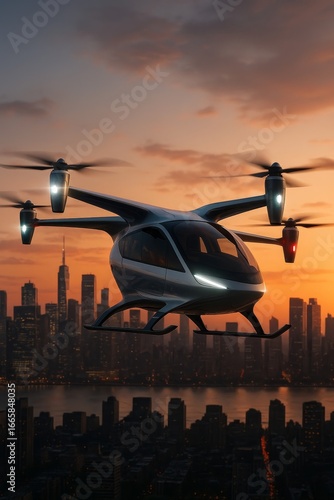 Futuristic personal eVTOL flying taxi over modern city