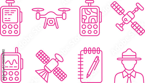 Pink Outlined Icon Set GPS Device, Drone, Satellite, Notepad, Park Ranger