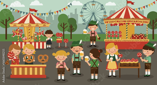 A charming Flat Design illustration showcasing the family-friendly side of Oktoberfest, with children happily enjoying treats and games. It highlights the festival's appeal for all ages.