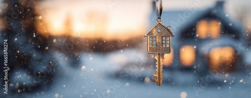The key shaped house suspended in snowy winter twilight with cozy bokeh background