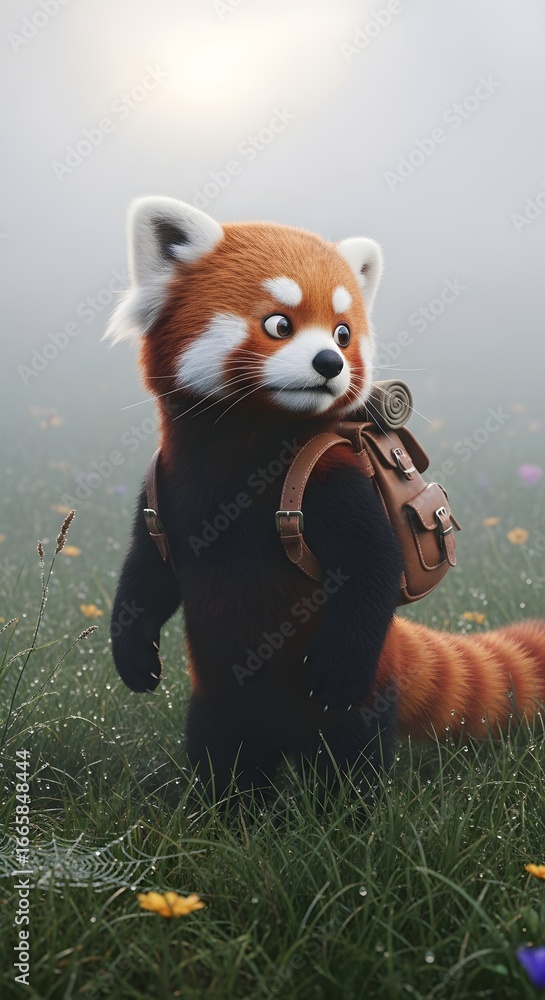 Obraz premium Cute Anthropomorphic Red Panda Explorer with Backpack in Misty Meadow at Dawn.