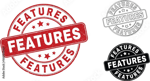 Features stamp vector graphic elements for product and service promotion