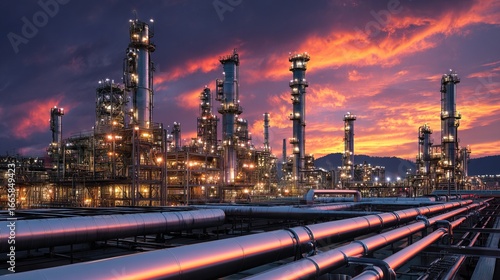 Dusk oil refinery complex with glowing pipelines industrial site sunset sky atmospheric view energy production concept