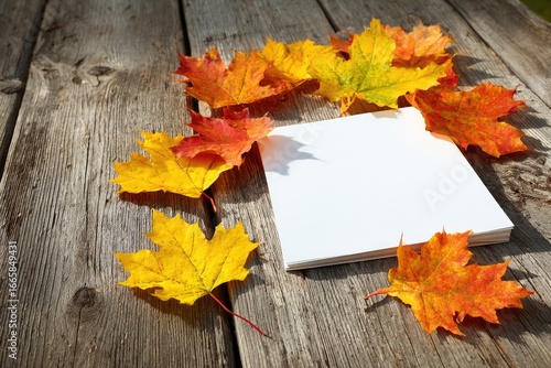 Blank white paper surrounded by autumn leaves on weathered wooden planks
