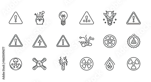  Set of line icons in linear style. Warning risk traumatic life threatening toxic radioactive radiation attention. Outline icon