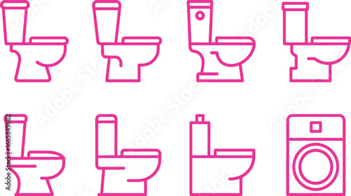 Pink Toilet Icons Set With Washing Machine On White Background, Plumbing Fixtures