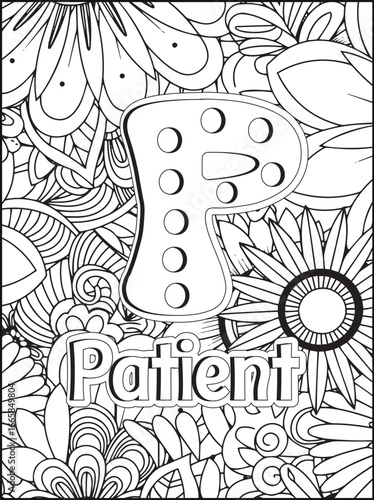 Intricate floral design with the word patient intricate adult coloring page for relaxation