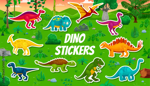 Cartoon prehistoric dinosaurs stickers pack of Jurassic dino lizards, vector kids toys. Funny little baby dino stickers set in jungle forest park, cute lizards, reptiles and dinosaurs for kids game