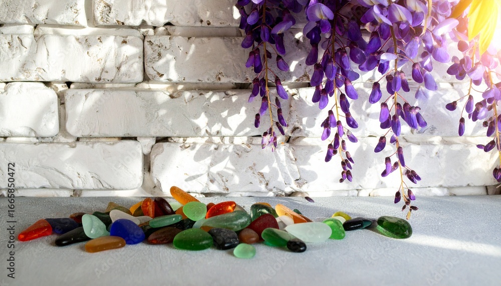 Fototapeta premium A collection of colorful sea glass lies on a surface against a white brick wall, accented by cascading purple wisteria flowers.