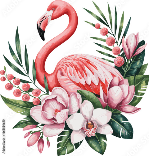Elegant watercolor flamingo with tropical flowers, exotic bird surrounded by pink blossoms and green leaves, nature-inspired art design
