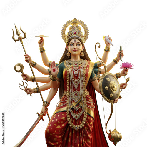 Goddess durga with multiple arms holding weapons isolated on transparent background