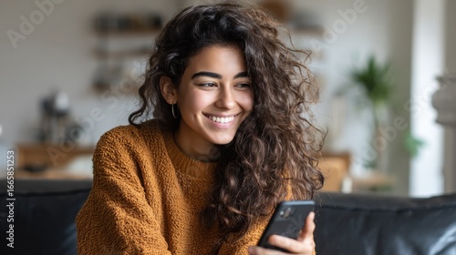 happy hispanic teen girl holding cell phone using smartphone device at home smiling young latin woman blogger subscribing new social media buying in internet ordering products online in apps no logos