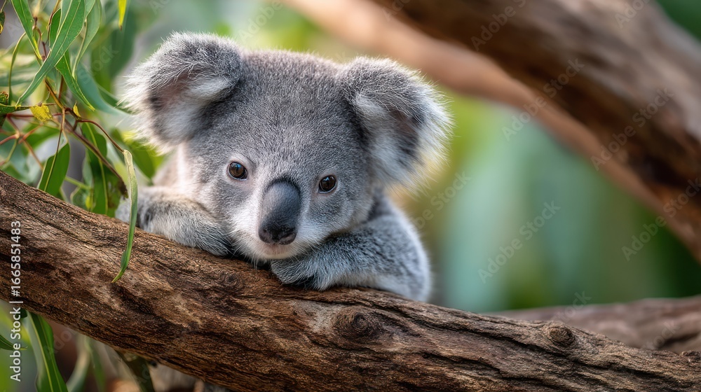 Obraz premium Koala clinging to eucalyptus branch