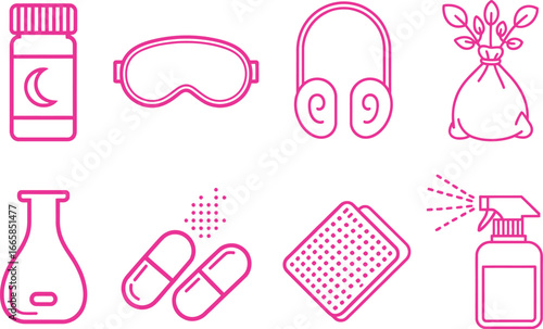 Set of Pink Icons Sleep Mask, Pills, Bottle, Spray, Bag, Sponge, Ear muffs on White