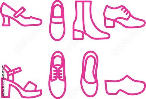 Shoes Collection Icons Pink Outline Isolated on White Background Footwear Set Trendy Style
