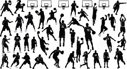 Basketball player silhouettes in action, dribbling, dunking, passing, shooting, training poses, isolated on white background, team sports concept