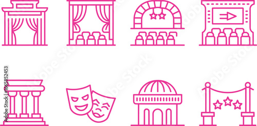 Theatrical Scenes Pink Outline Stages, Curtains, Masks and Theater Icons Set Design
