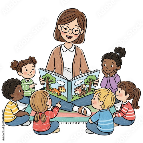 A teacher reads a storybook to a group of diverse children sitting around her on a rug.
